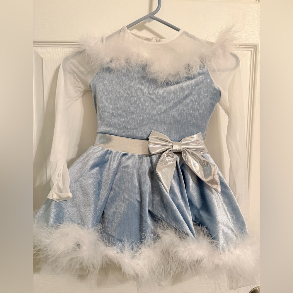 Kids Light Blue Feather Trim Holiday Costume Dress with Silver Bow EUC